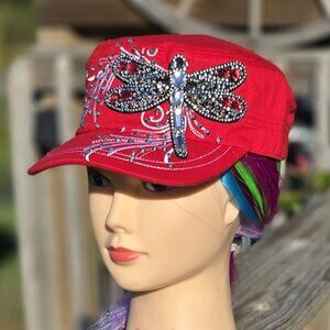 Ladies Red Dragonfly BLING Hat NEW